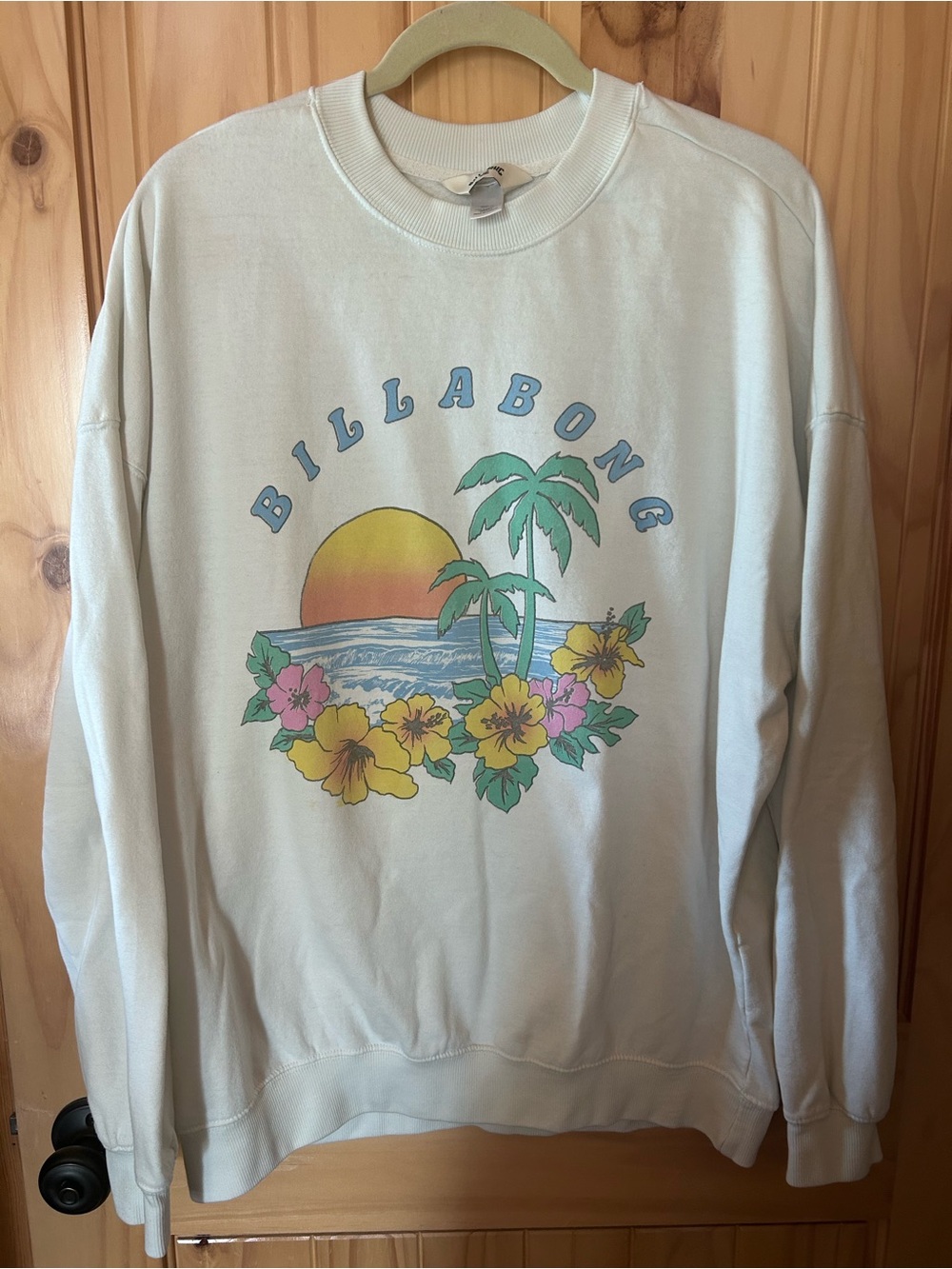 Billabong Cream Crewneck Sweatshirt with Tropical Sunset Graphic